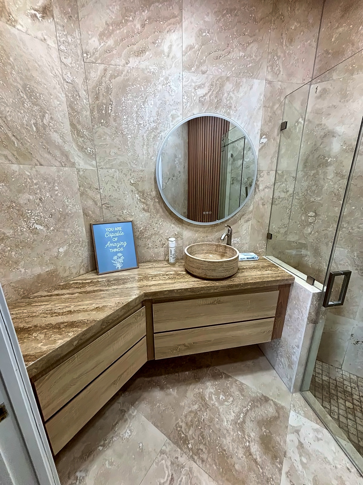 Travertine corner vanity project